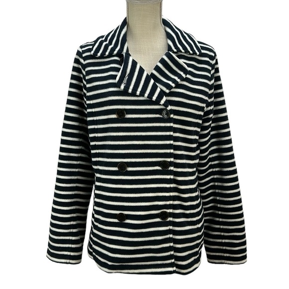 Lands End Striped Fleece Double Breasted Jacket Medium 10-12 Pockets Nautical - Picture 1 of 11